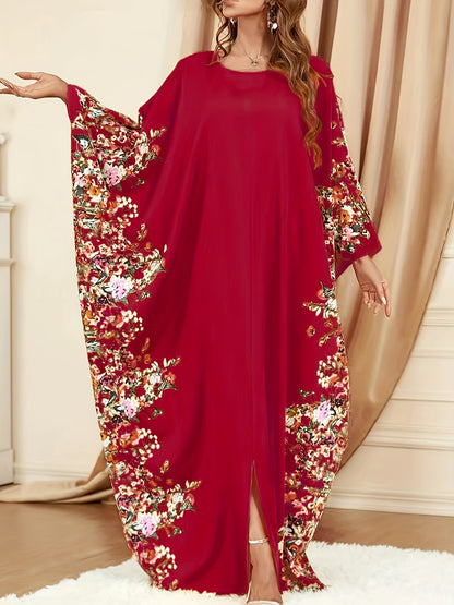 Elegant Floral Print Kaftan Maxi Dress for Women with Round Neck Batwing Sleeve Flowing Bohemian Style