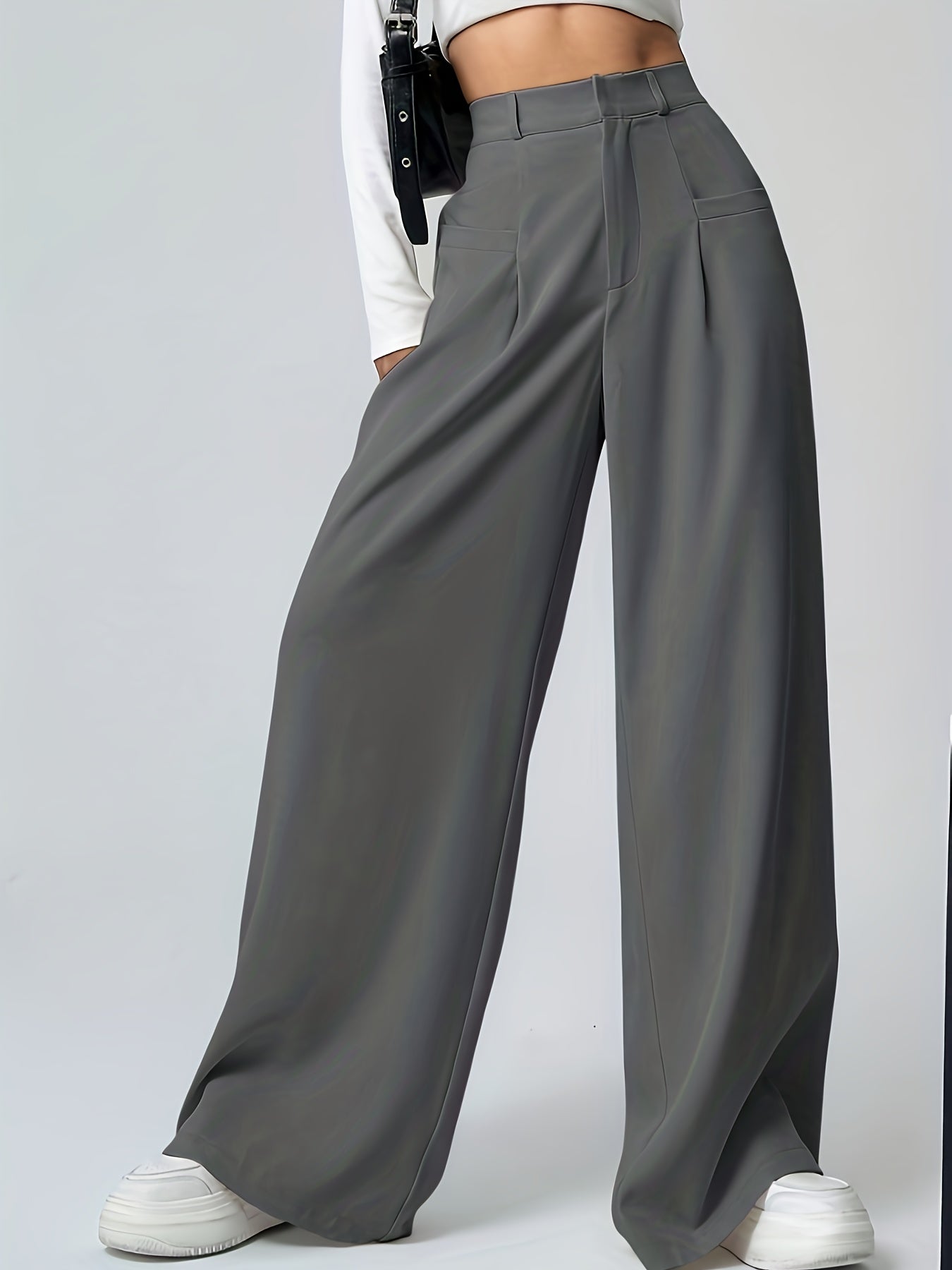 Elegant Khaki Wide Leg Pants for Women with High Waist Pleated Tailored Relaxed Style