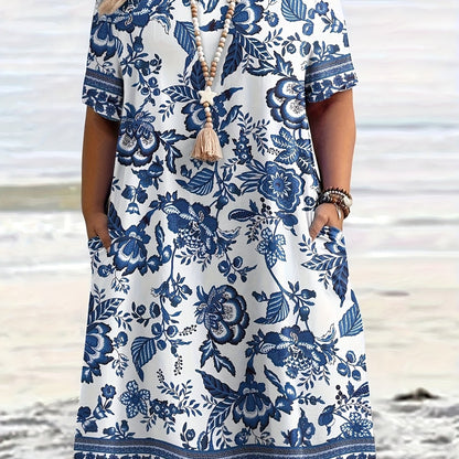 Effortless Blue Floral Midi Dress for Women with Round Neck Short Sleeve Relaxed Pocket Bohemian Style