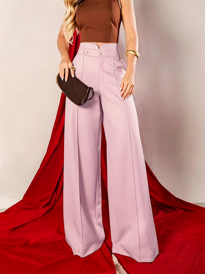 Elegant Khaki Wide Leg Trouser for Women with High Waist Button Detail Tailored Flowing Style