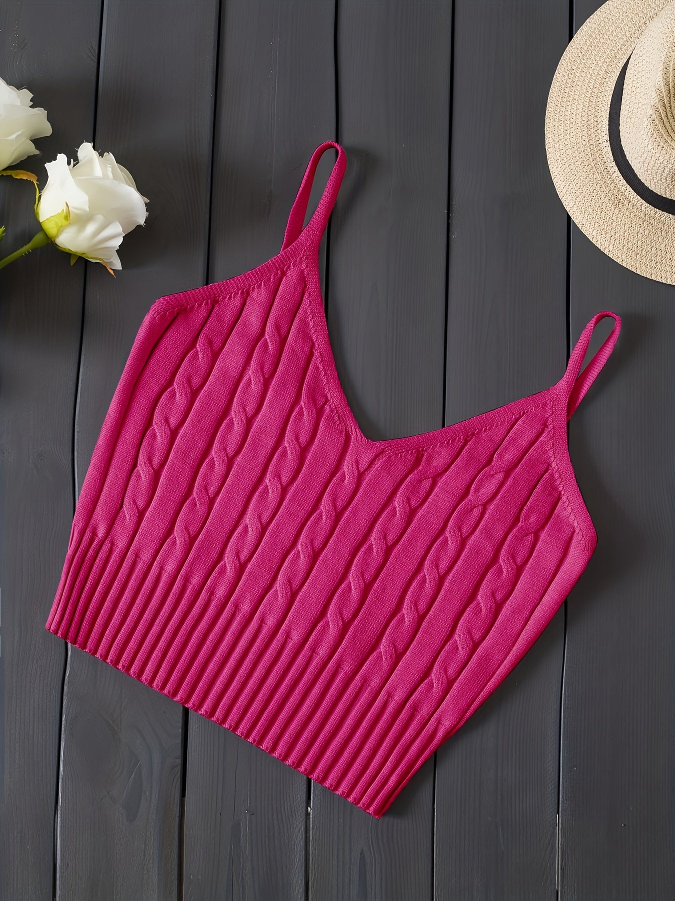 Effortless Cable Knit Crop Top for Women with V Neck Sleeveless Ribbed Fitted Tank Style