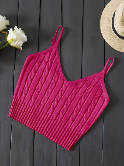 Effortless Cable Knit Crop Top for Women with V Neck Sleeveless Ribbed Fitted Tank Style