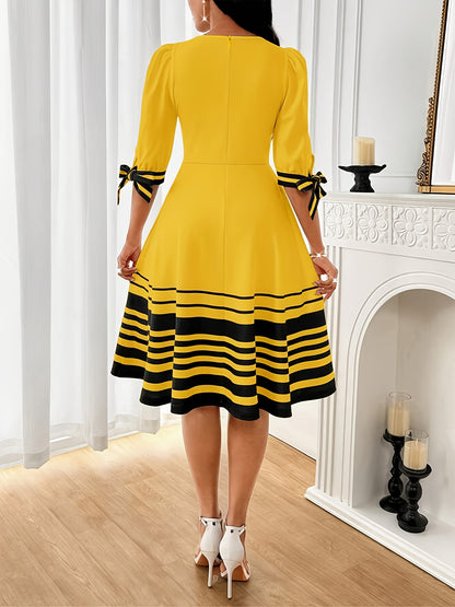 Elegant Border Print Midi Dress for Women with Round Neck Bubble Sleeve Bow Tie Flowing Style