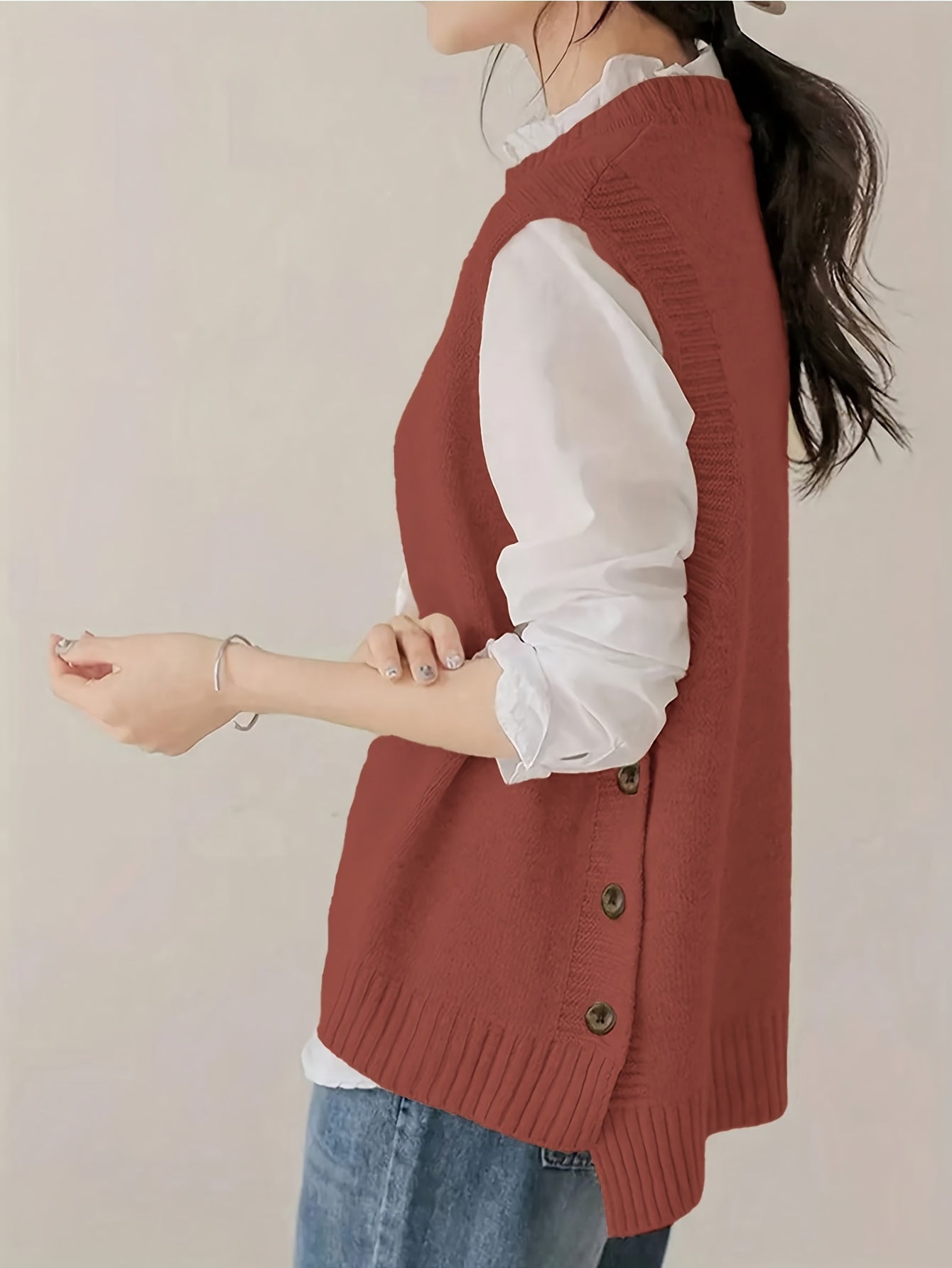 Comfortable Knit Sweater Vest for Women with Mock Neck Sleeveless Side Button Relaxed Style
