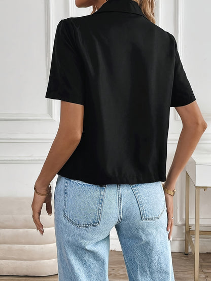 Elegant Cropped Blazer for Women with Notch Lapel Short Sleeve Button Front Relaxed Style