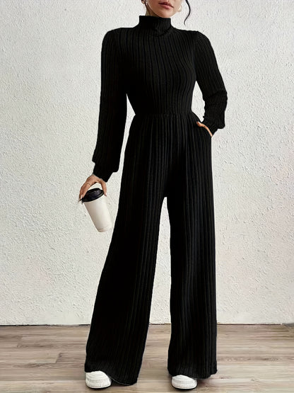 Effortless Ribbed Knit Jumpsuit for Women with Mock Neck Long Sleeve Wide Leg Relaxed Style