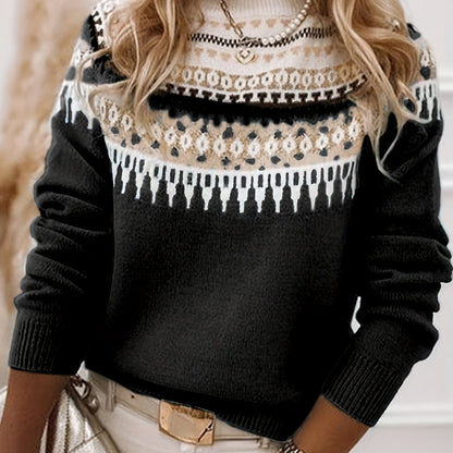 Comfortable Black Fair Isle Sweater for Women with Round Neck Long Sleeve Colorblock Knit Style