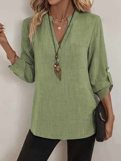 Effortless Linen Blouse for Women with V Neck Roll Tab Sleeve Relaxed Tunic Style