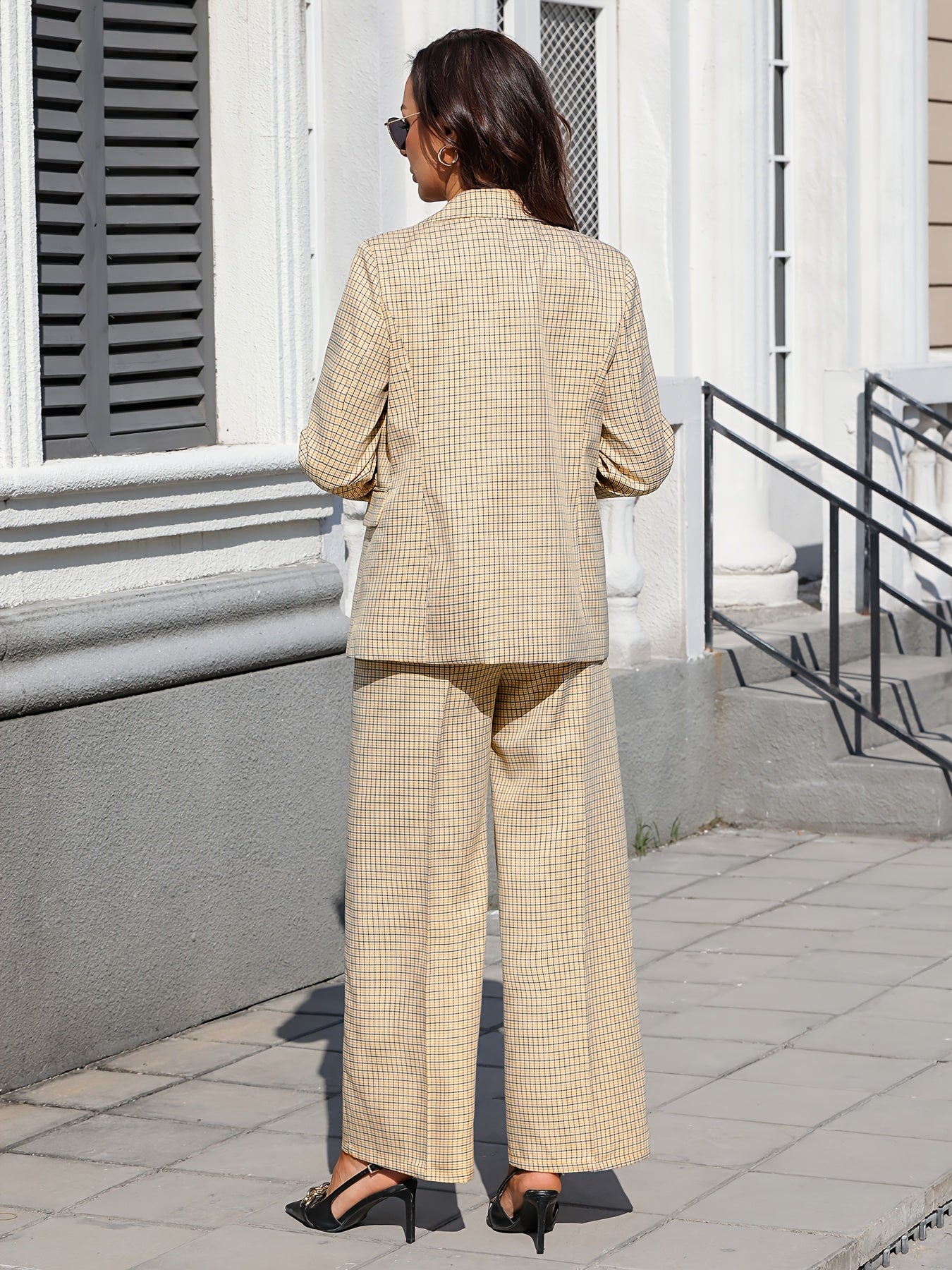 Elegant Plaid Two Piece Set for Women with Notched Lapel Blazer Wide Leg Pant Casual Style