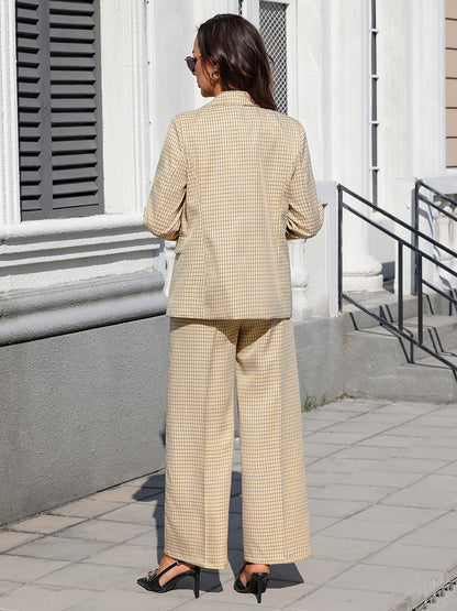 Elegant Plaid Two Piece Set for Women with Notched Lapel Blazer Wide Leg Pant Casual Style