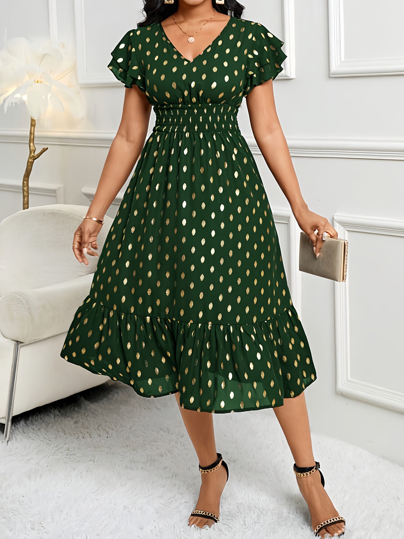 Elegant Polka Dot Midi Dress for Women with V Neck Flutter Sleeve Smocked Waist Ruffle Hem Style