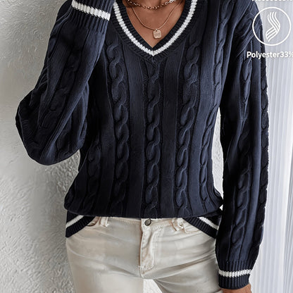 Comfortable Cable Knit Sweater for Women with V Neck Long Sleeve Contrast Stripe Relaxed Varsity Style