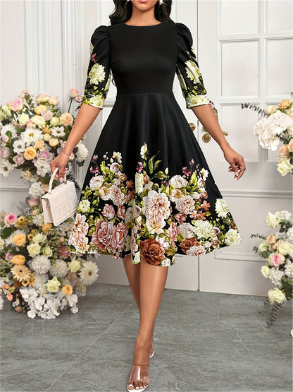 Elegant Border Print Midi Dress for Women with Round Neck Bubble Sleeve Bow Tie Flowing Style
