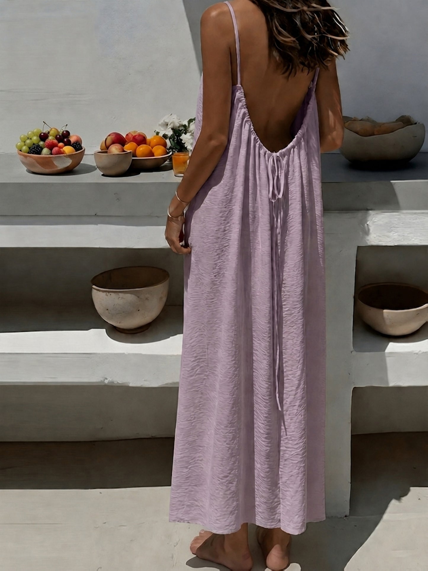 Effortless Textured Maxi Dress for Women with Spaghetti Strap Low Back Tie Flowing Bohemian Style