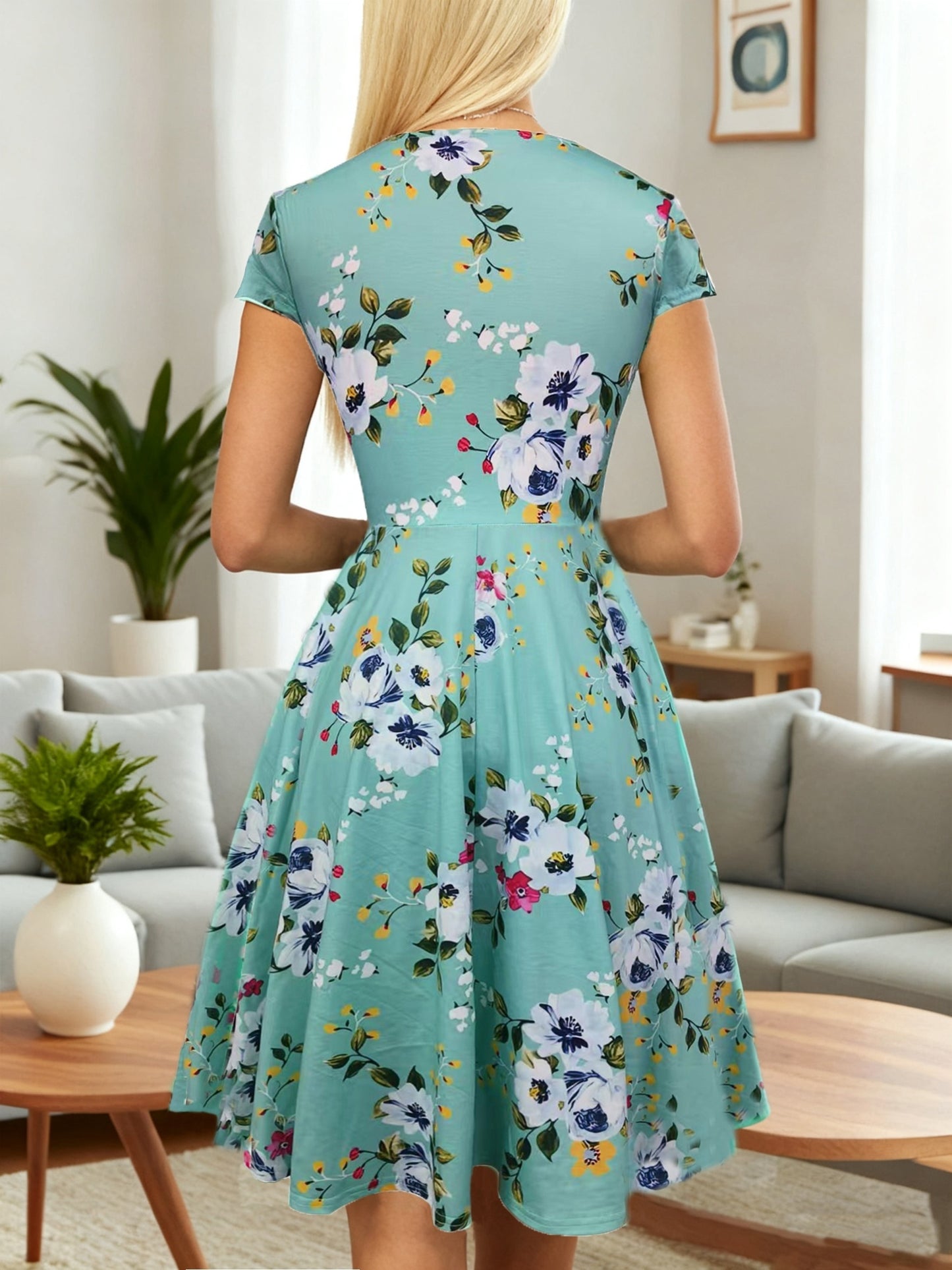 Elegant Floral Midi Dress for Women with V Neck Short Sleeve Wrap Fit and Flare Style