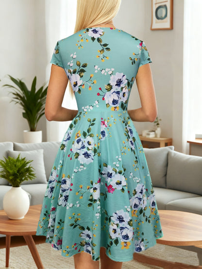 Elegant Floral Midi Dress for Women with V Neck Short Sleeve Wrap Fit and Flare Style