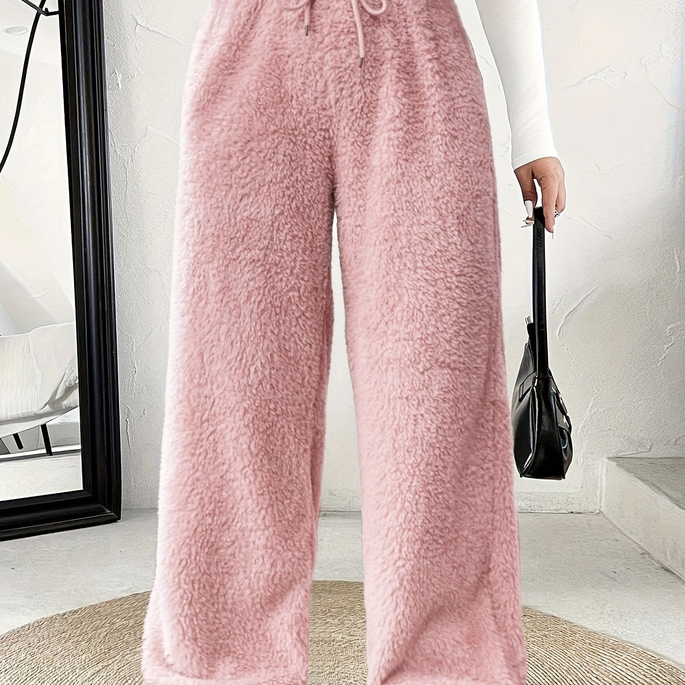 Comfortable Sherpa Wide Leg Pants for Women with High Waist Drawstring Relaxed Flowing Casual Style