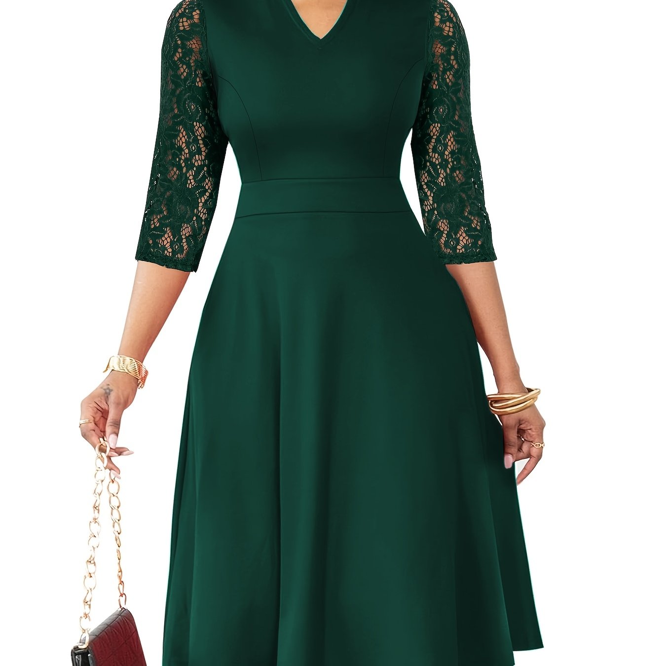 Elegant Lace Sleeve Midi Dress for Women with Notched Neck Three Quarter Sleeve Fit and Flare Cocktail Style
