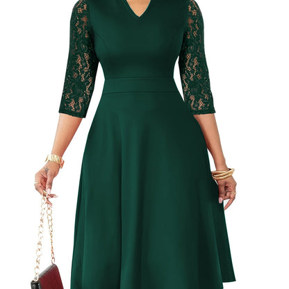 Elegant Lace Sleeve Midi Dress for Women with Notched Neck Three Quarter Sleeve Fit and Flare Cocktail Style