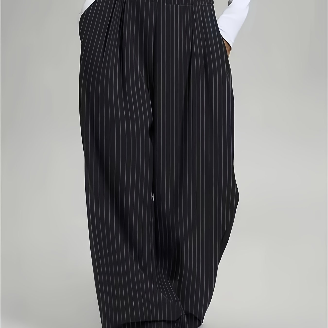 Elegant Black Pinstripe Wide Leg Trousers for Women with High Waist Pleated Relaxed Style