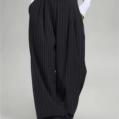 Elegant Black Pinstripe Wide Leg Trousers for Women with High Waist Pleated Relaxed Style