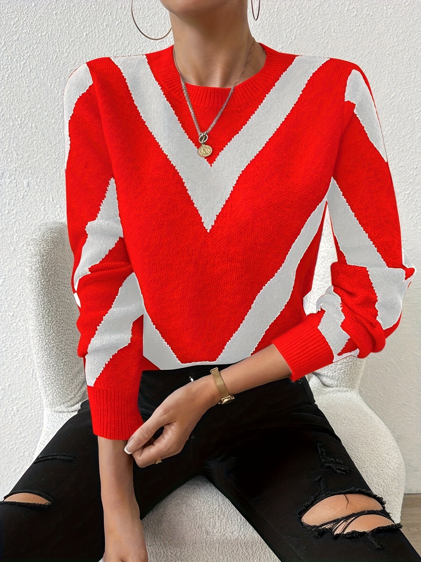 Comfortable Coffee Brown Chevron Sweater for Women with Crew Neck Long Sleeve Relaxed Oversized Knit Style