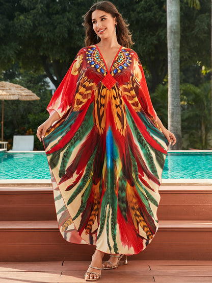 Elegant Multicolor Feather Print Kaftan Maxi Dress for Women with V Neck Batwing Sleeve Embellished Flowing Style