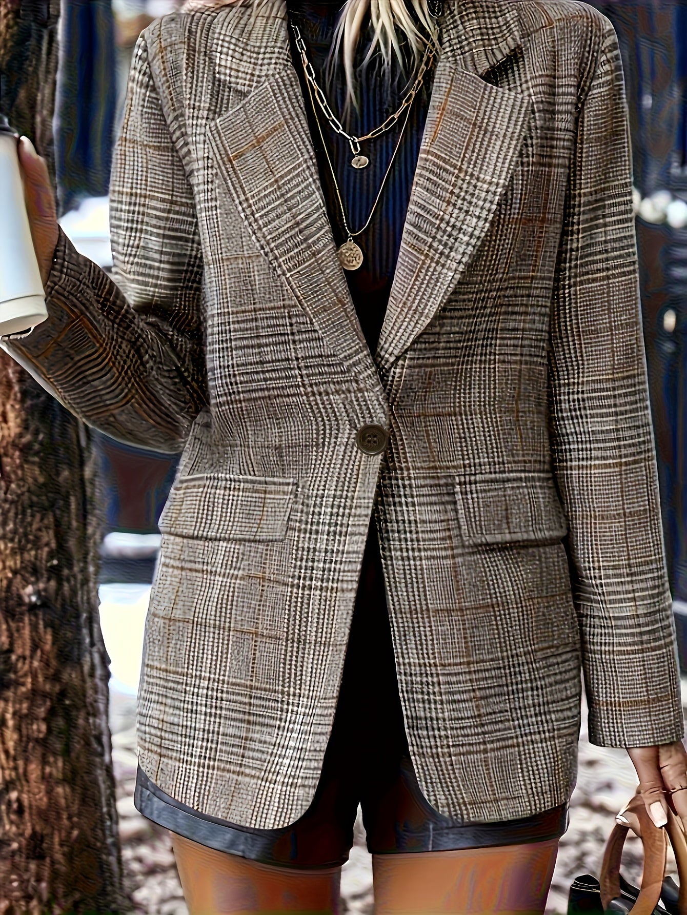 Elegant Plaid Blazer for Women with Notch Lapel Long Sleeve Oversized Relaxed Casual Style