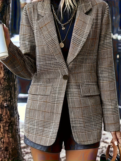 Elegant Plaid Blazer for Women with Notch Lapel Long Sleeve Oversized Relaxed Casual Style