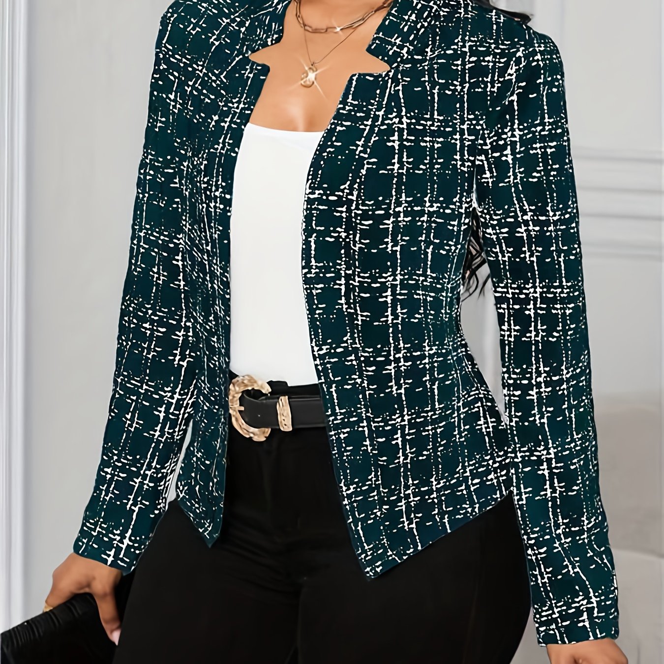 Elegant Tweed Plaid Blazer for Women with Notched Collar Long Sleeve Open Front Asymmetric Hem Casual Style
