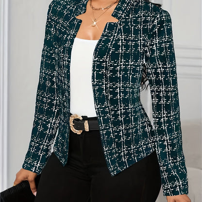 Elegant Tweed Plaid Blazer for Women with Notched Collar Long Sleeve Open Front Asymmetric Hem Casual Style