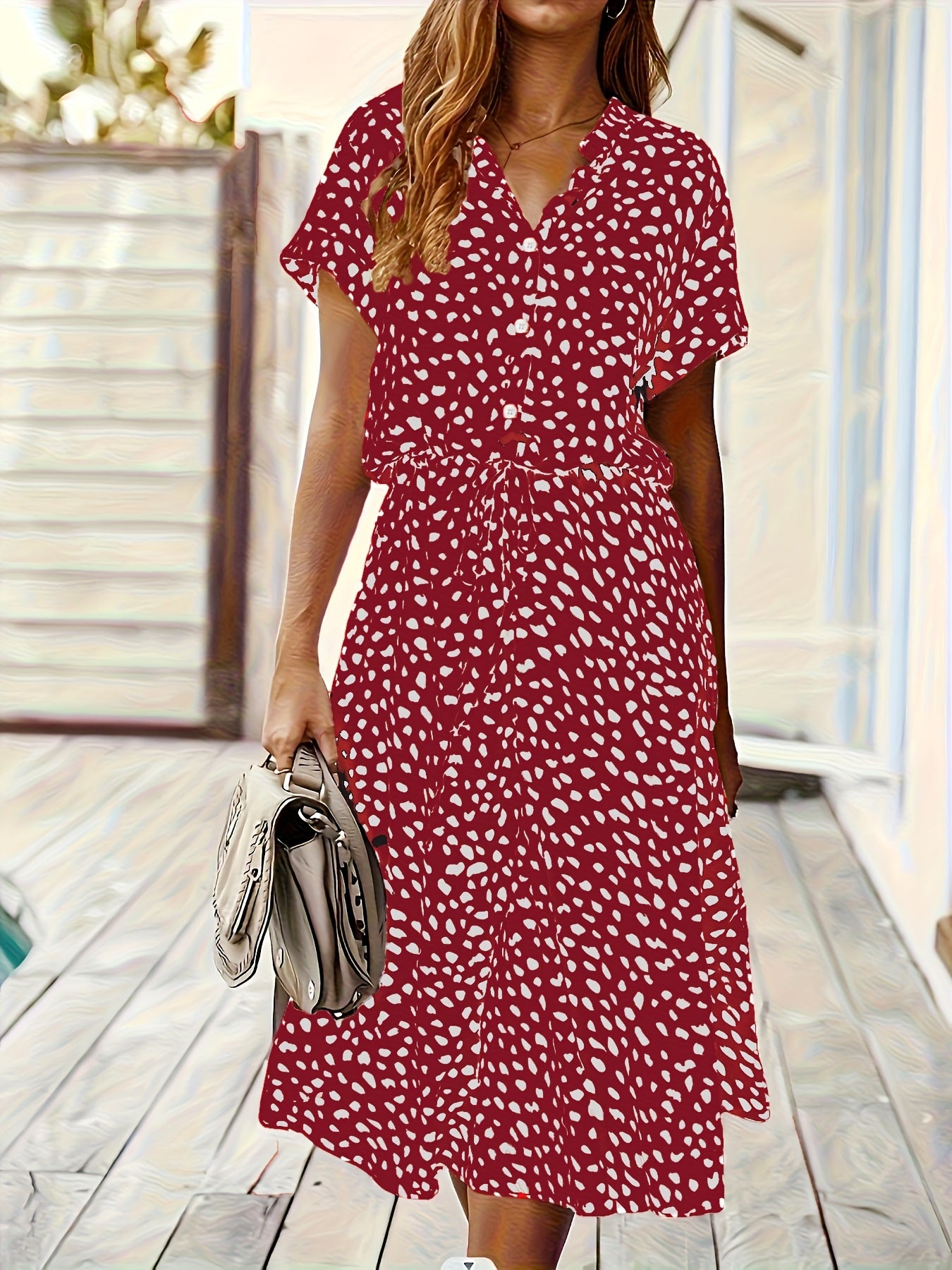 Effortless Multicolor Polka Dot Midi Dress for Women with Collar Short Sleeve Tie Waist Casual Style