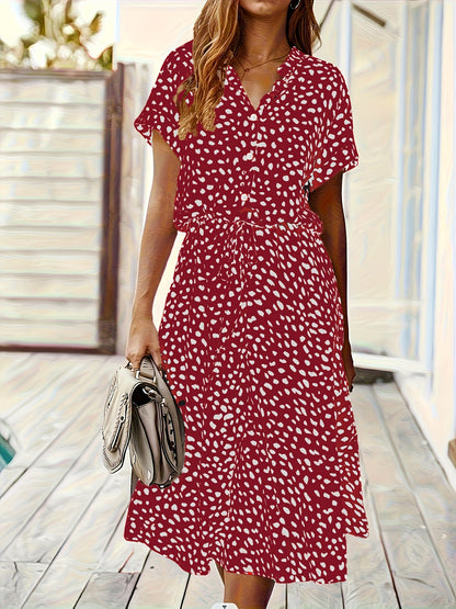 Effortless Multicolor Polka Dot Midi Dress for Women with Collar Short Sleeve Tie Waist Casual Style