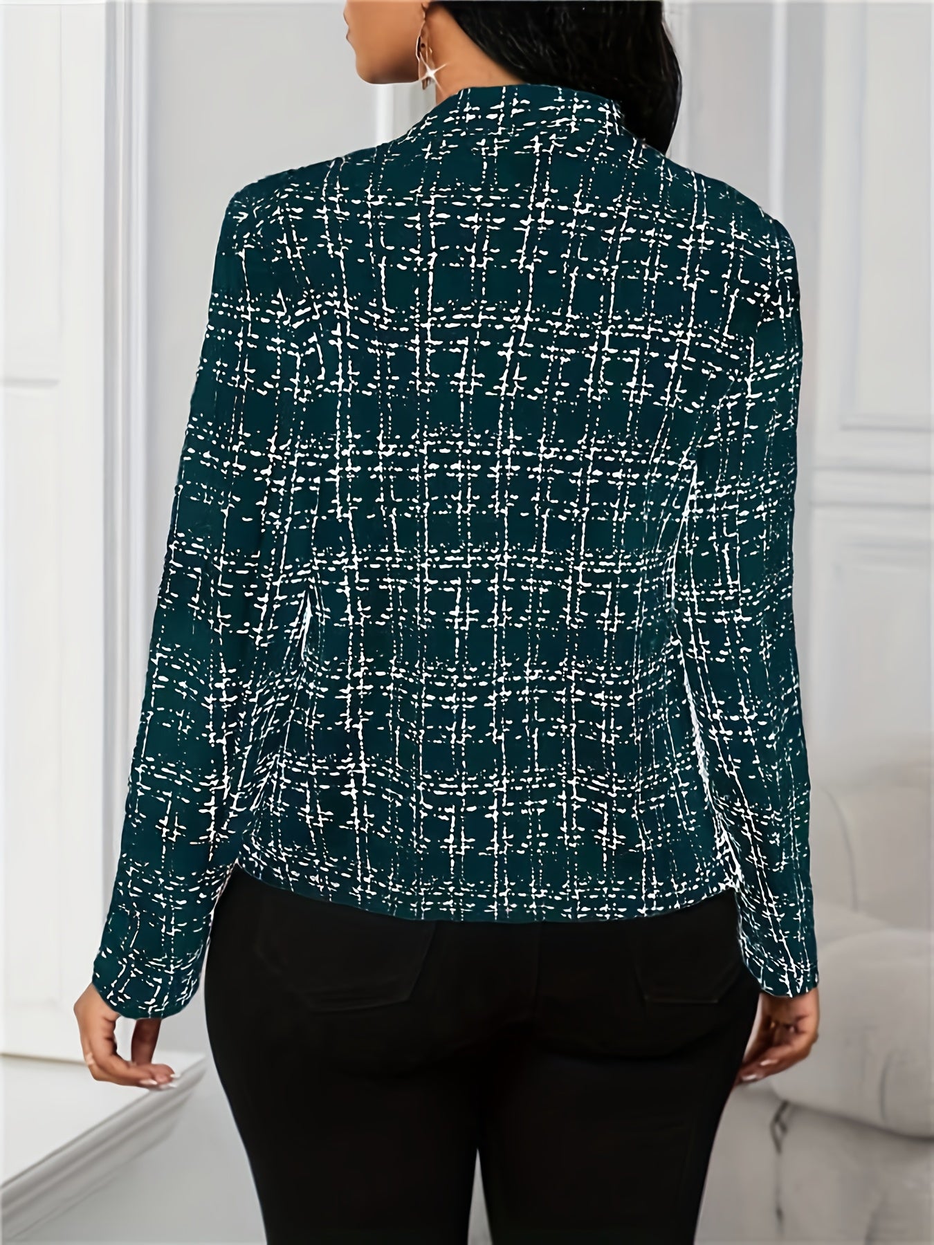 Elegant Tweed Plaid Blazer for Women with Notched Collar Long Sleeve Open Front Asymmetric Hem Casual Style