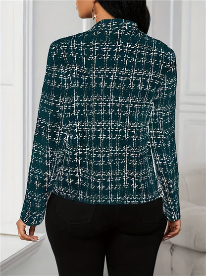 Elegant Tweed Plaid Blazer for Women with Notched Collar Long Sleeve Open Front Asymmetric Hem Casual Style