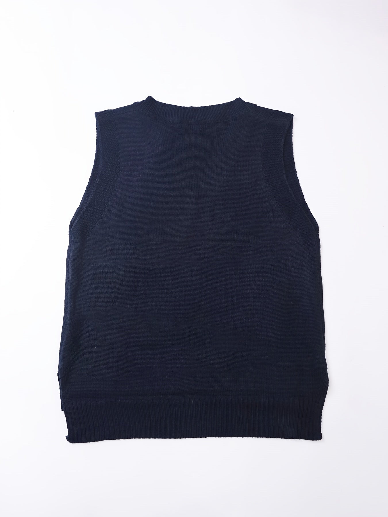 Comfortable Dark Blue Sweater Vest for Women with V Neck Sleeveless Ribbed Knit Relaxed Style