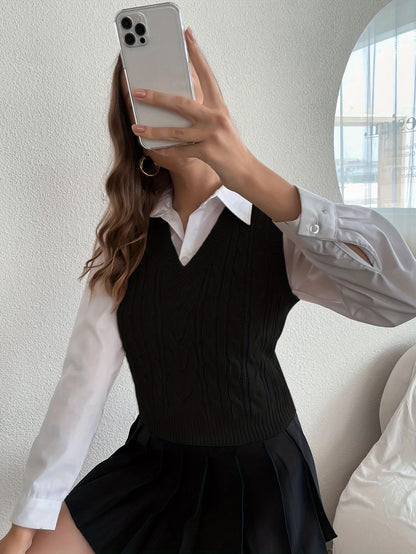 Effortless Cable Knit Sweater Vest for Women with V Neck Sleeveless Cropped Preppy Style
