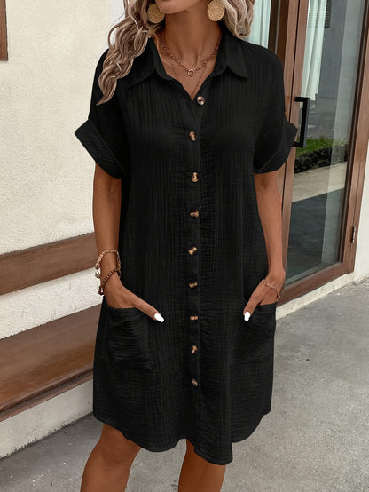 Effortless Textured Cotton Shirt Dress for Women with Collar Short Sleeve Button Front Relaxed Style