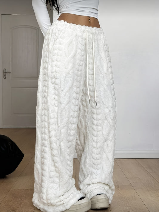 Effortless White Cable Knit Fleece Wide Leg Pants for Women with High Waist Drawstring Relaxed Oversized Knit Style