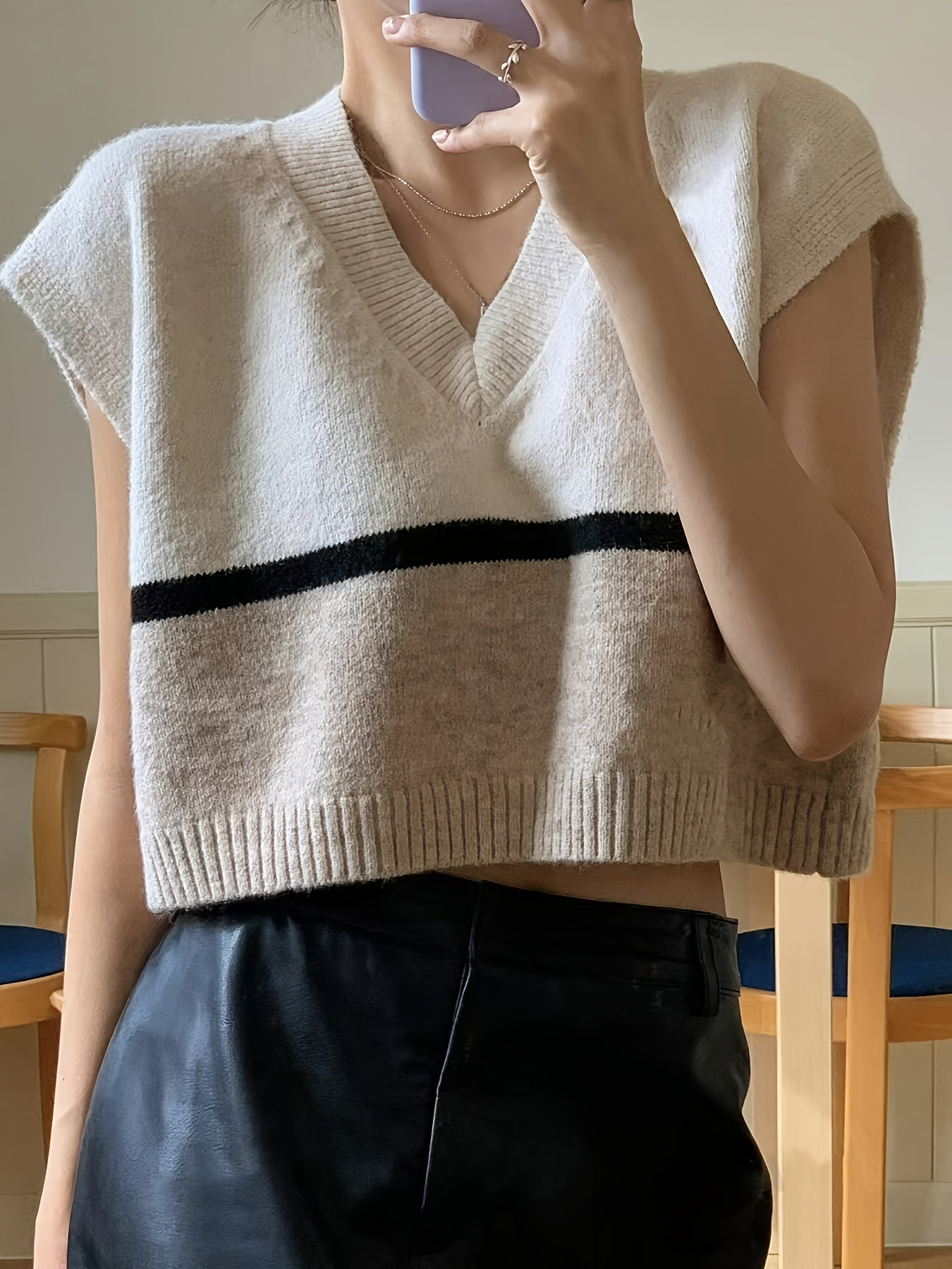 Elegant Apricot Striped Sweater Vest for Women with V Neck Sleeveless Cropped Oversized Knit Style