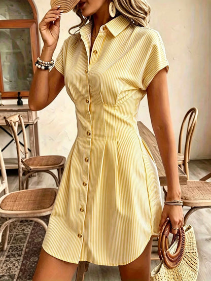 Elegant Striped Short-Sleeve A-Line Shirt Dress for Women, High-Waist Button-Up Casual Summer Office Dress in Light Pastel, Comfortable Polyester Fabric, French-Style, Solid Color, Women's Shirt Dress, Casual Shirt Dress, High-Waist, Office Dress