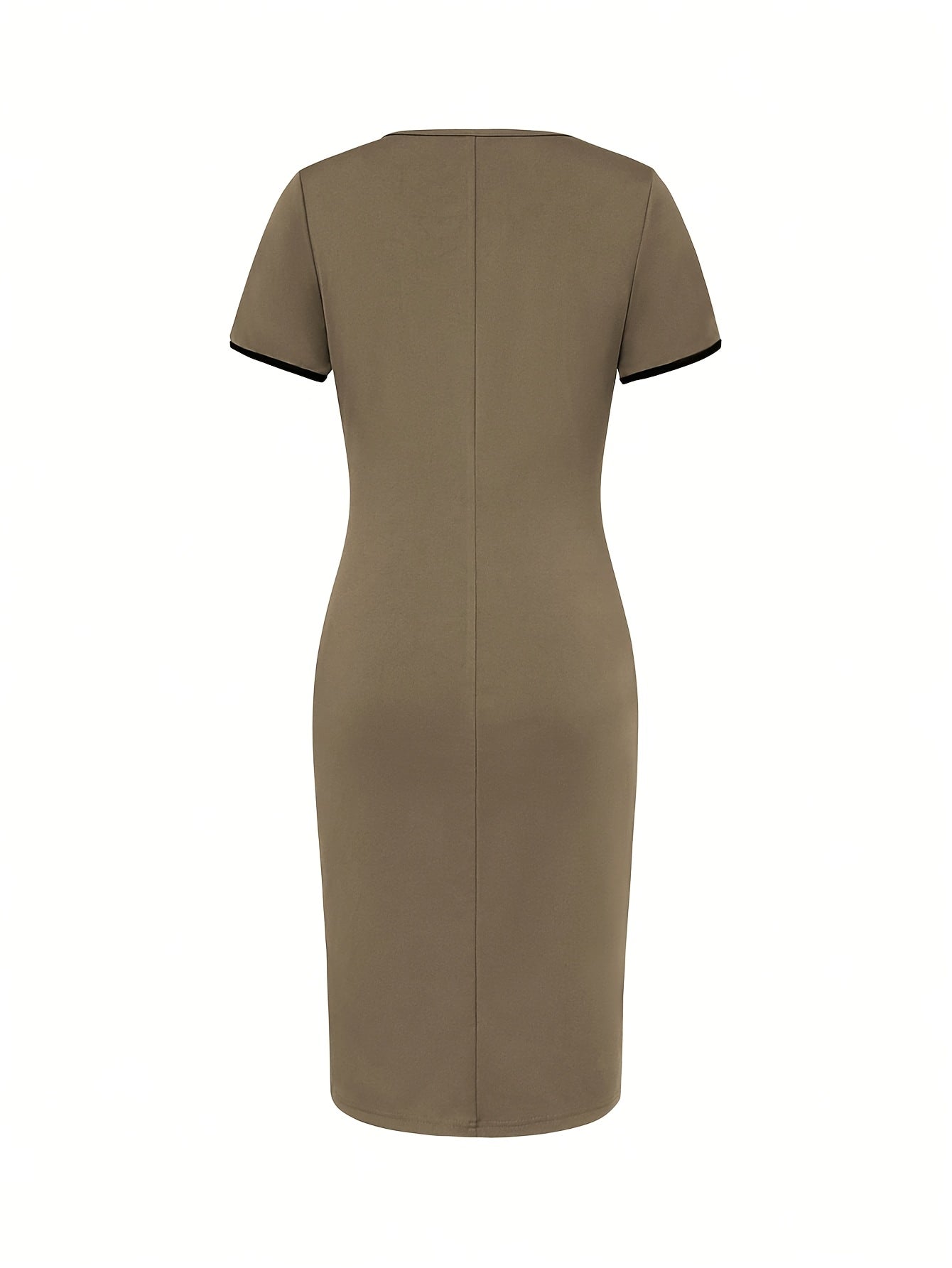 Elegant Khaki Colorblock Sheath Dress for Women with Round Neck Short Sleeve Bodycon Front Slit Style