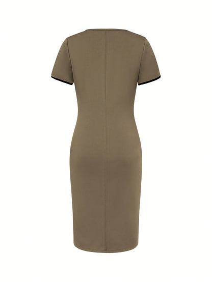 Elegant Khaki Colorblock Sheath Dress for Women with Round Neck Short Sleeve Bodycon Front Slit Style