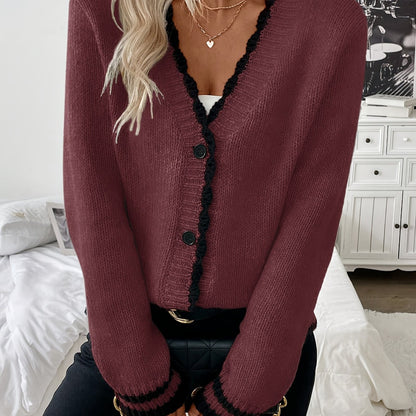 Comfortable Contrast Trim Cardigan Sweater for Women with V Neck Long Sleeve Button Front Ribbed Knit Style