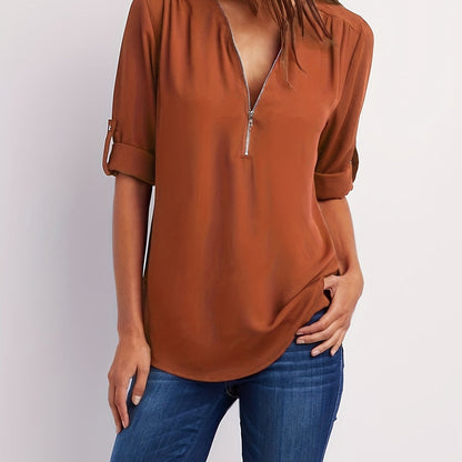 Effortless Chiffon Blouse for Women with Zip V Neck Roll Tab Sleeve Relaxed Casual Style