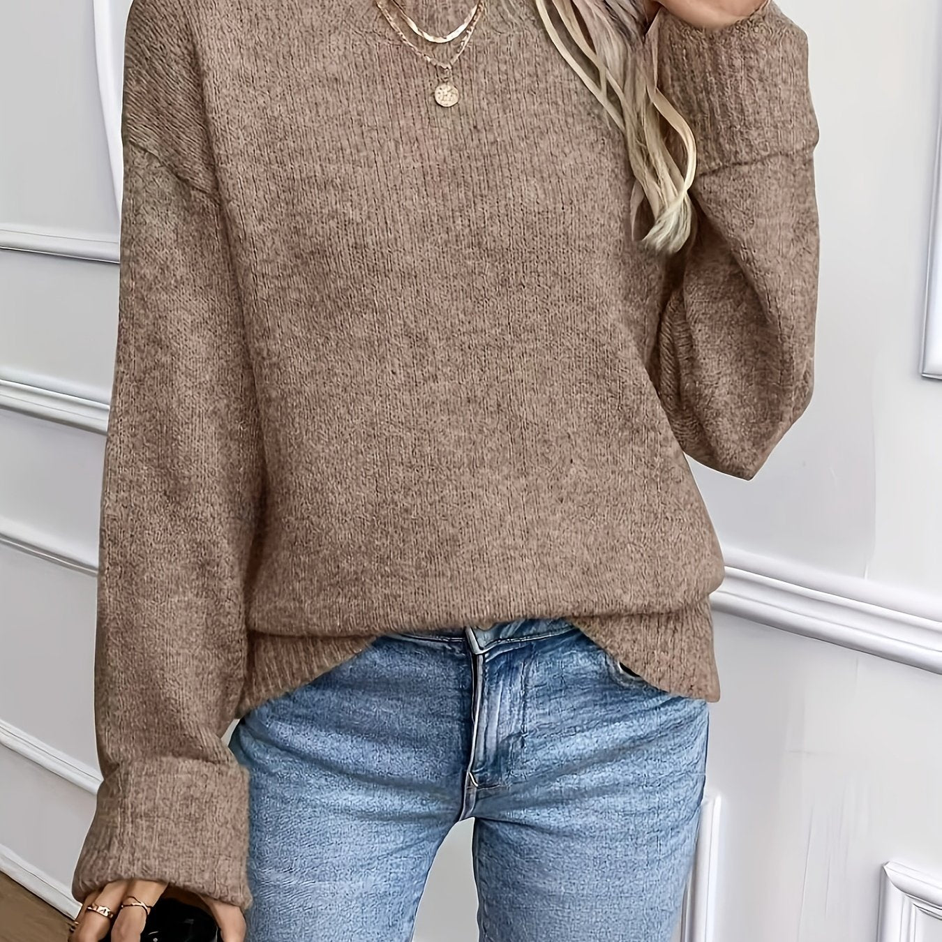 Comfortable Khaki Ribbed Knit Sweater for Women with Crew Neck Long Sleeve Relaxed Oversized Style
