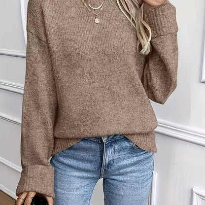 Comfortable Khaki Ribbed Knit Sweater for Women with Crew Neck Long Sleeve Relaxed Oversized Style