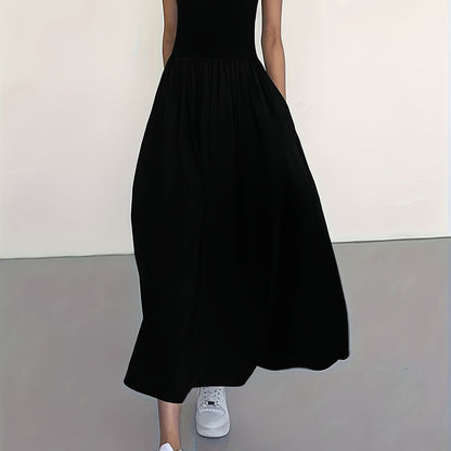 Elegant Black Maxi Dress for Women with Round Neck Sleeveless A Line Pocket Flowing Style
