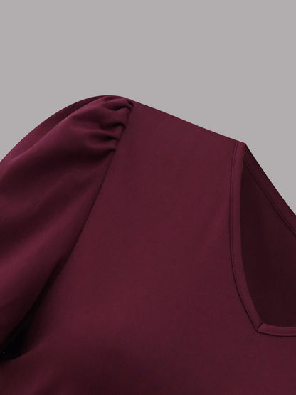 Elegant Burgundy Floral Midi Dress for Women with V Neck Short Sleeve A Line Flowing Style