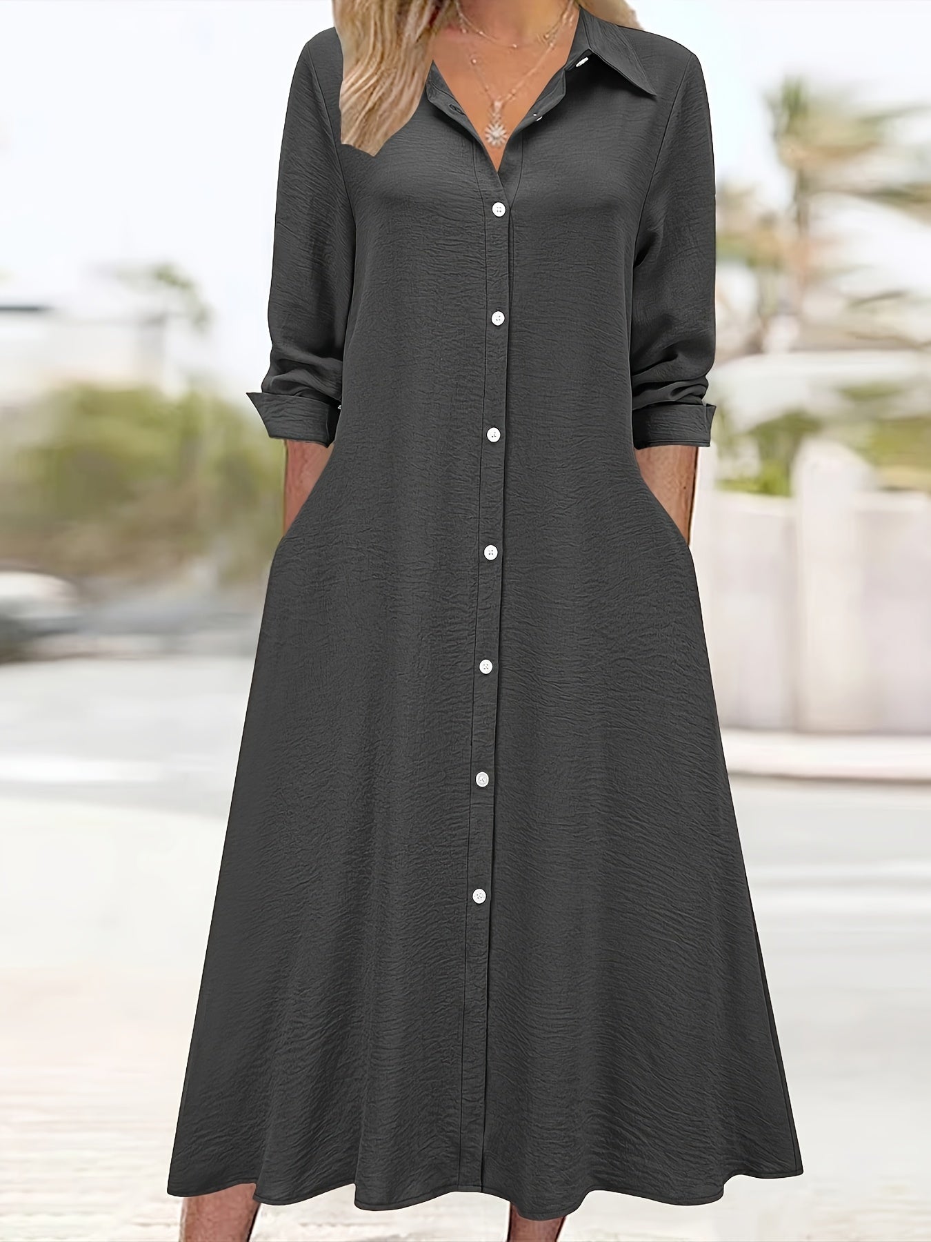Effortless Linen Shirt Dress for Women with Collar V Neck Long Sleeve Button Front Flowing Style